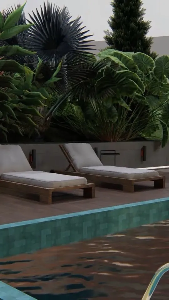 Estudo em 3D de área de lazer com piscina e espreguiçadeiras