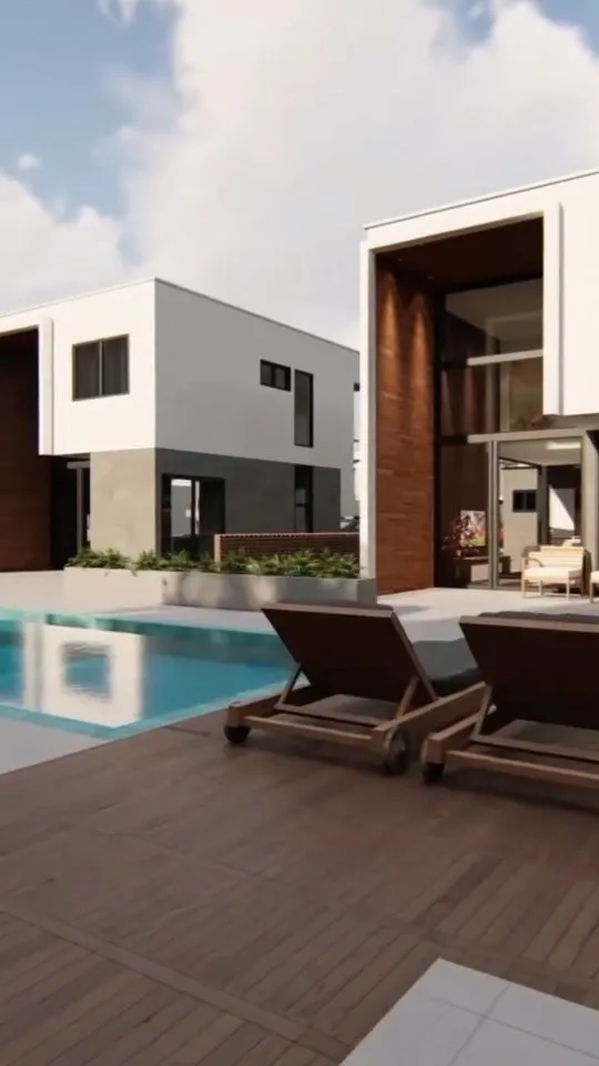 Estudo em 3D de casa com piscina